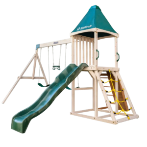 Complex de joaca din lemn cu 3 leagane, tobogan si plasa de catarat Emerald Challenge