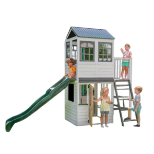 Complex de joaca din lemn cu tobogan, casuta etajata si balcon Woodland View