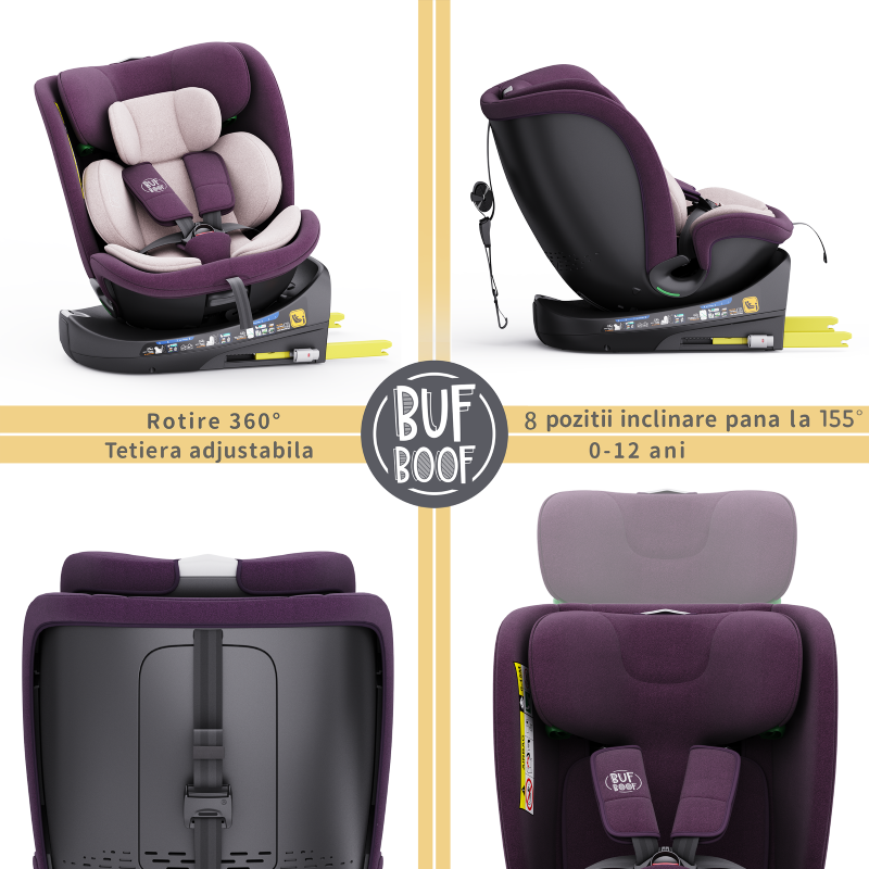 Scaun Auto B-Joy DELUXE BUF BOOF iSIZE Purple cu Isofix pozitie somn 155 grade rotativ 360 grade 40-150 cm - Image 14