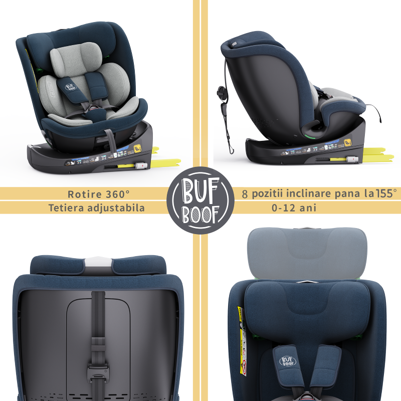 Scaun Auto B-Joy DELUXE BUF BOOF iSIZE Blue cu Isofix pozitie somn 155 grade rotativ 360 grade 40-150 cm - Image 9