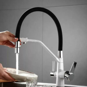 Baterie Bucatarie cu 3 Cai Pipa Flexibila Alama Sanitara Alb - Negru